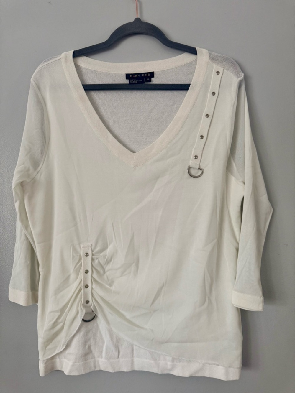 Ruby Cho V-Neck Long Sleeve Blouse with D-Ring Accents and Sculptural Ruching